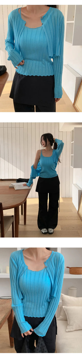 Serene Ribbed Knit Sleeveless Crop Cardigan Set