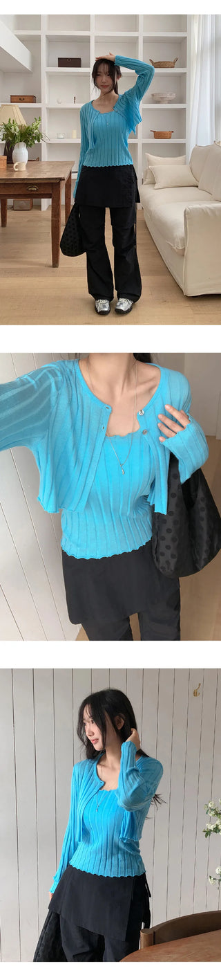 Serene Ribbed Knit Sleeveless Crop Cardigan Set