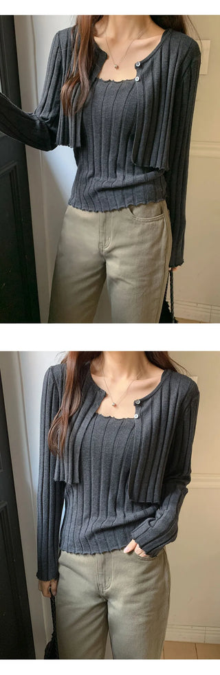 Serene Ribbed Knit Sleeveless Crop Cardigan Set