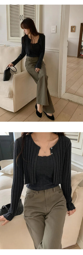 Serene Ribbed Knit Sleeveless Crop Cardigan Set