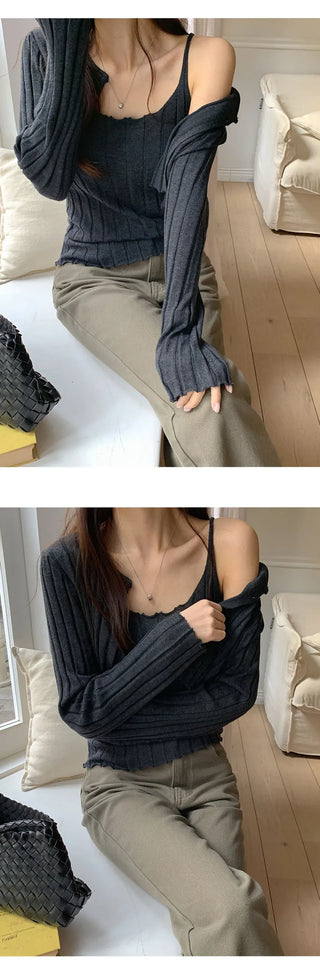 Serene Ribbed Knit Sleeveless Crop Cardigan Set
