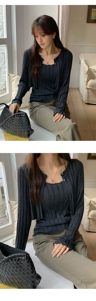 Serene Ribbed Knit Sleeveless Crop Cardigan Set