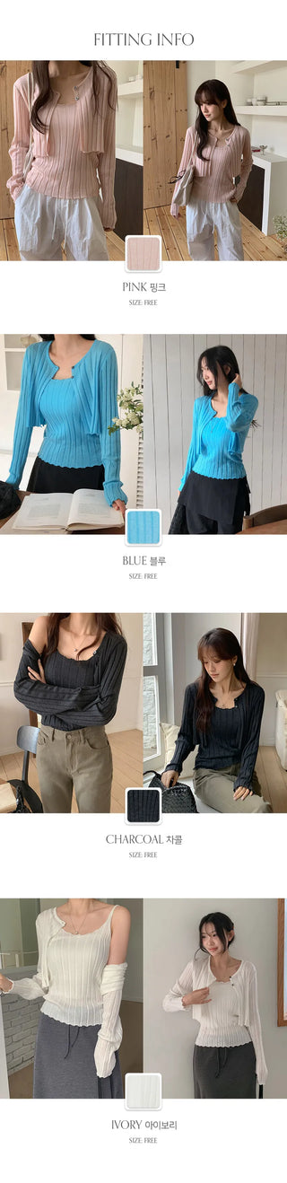 Serene Ribbed Knit Sleeveless Crop Cardigan Set