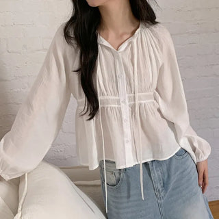 Haent Wrinkle String Cutout Long Sleeve Blouse