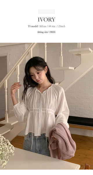 Haent Wrinkle String Cutout Long Sleeve Blouse