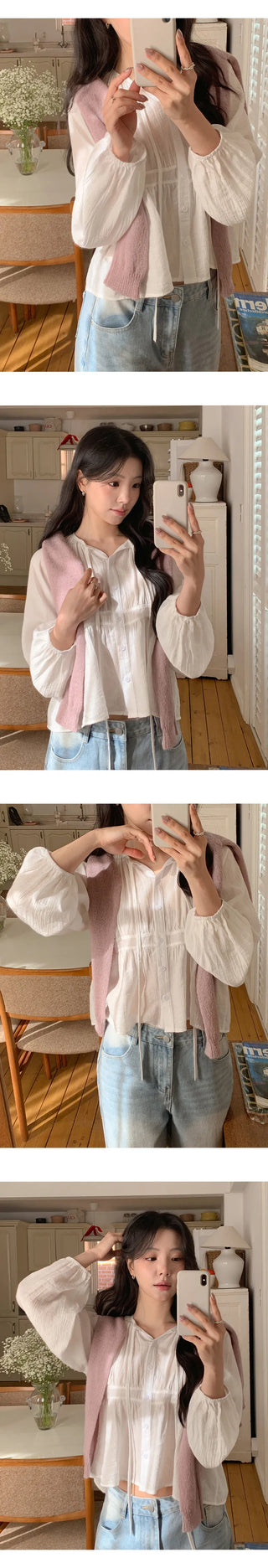 Haent Wrinkle String Cutout Long Sleeve Blouse