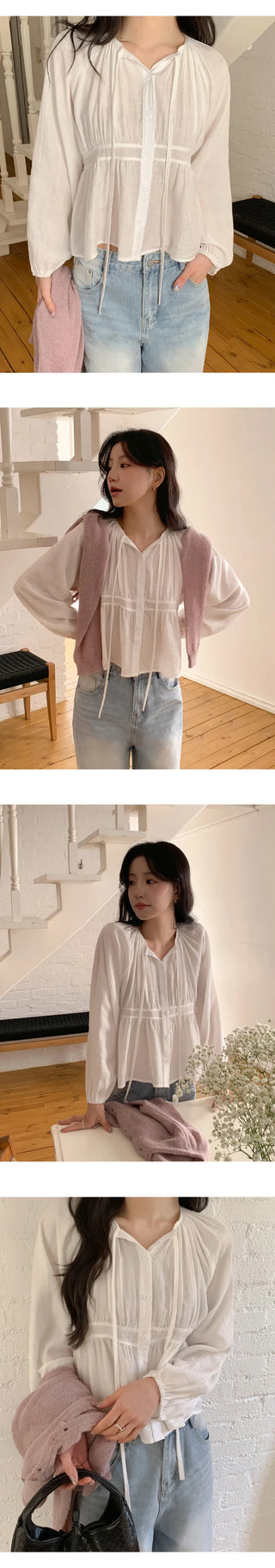 Haent Wrinkle String Cutout Long Sleeve Blouse