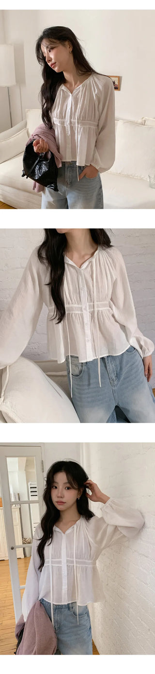 Haent Wrinkle String Cutout Long Sleeve Blouse