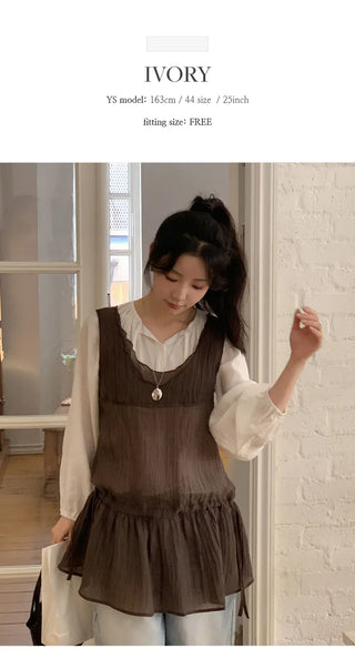 Haent Wrinkle String Cutout Long Sleeve Blouse