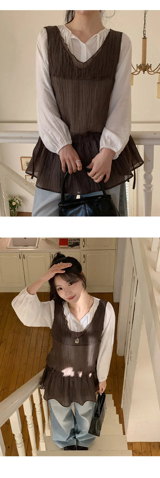 Haent Wrinkle String Cutout Long Sleeve Blouse