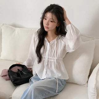 Haent Wrinkle String Cutout Long Sleeve Blouse