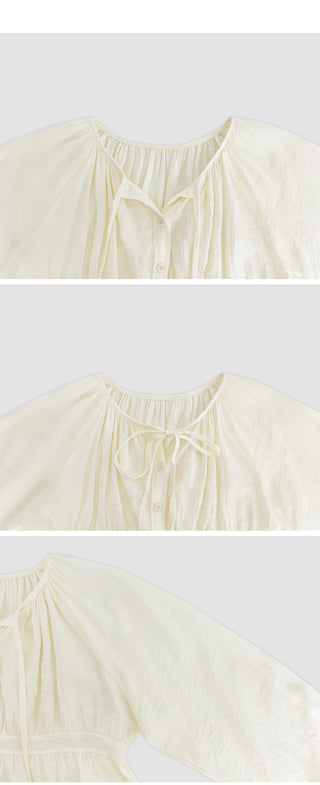 Haent Wrinkle String Cutout Long Sleeve Blouse