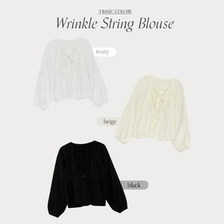 Haent Wrinkle String Cutout Long Sleeve Blouse
