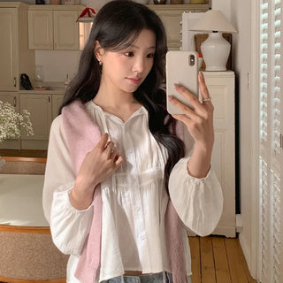 Haent Wrinkle String Cutout Long Sleeve Blouse