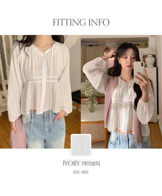 Haent Wrinkle String Cutout Long Sleeve Blouse