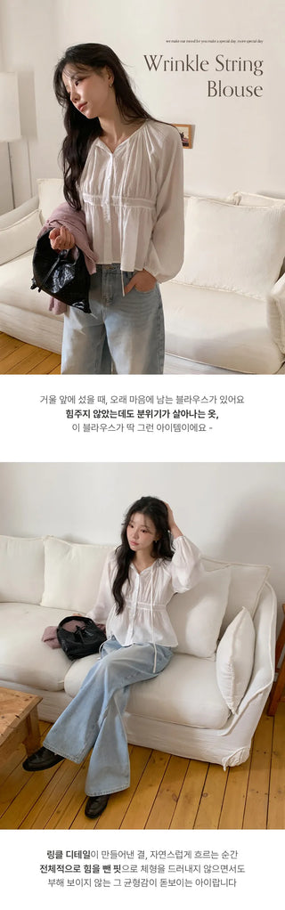 Haent Wrinkle String Cutout Long Sleeve Blouse