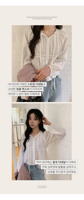 Haent Wrinkle String Cutout Long Sleeve Blouse