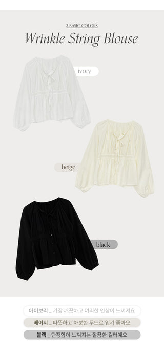 Haent Wrinkle String Cutout Long Sleeve Blouse