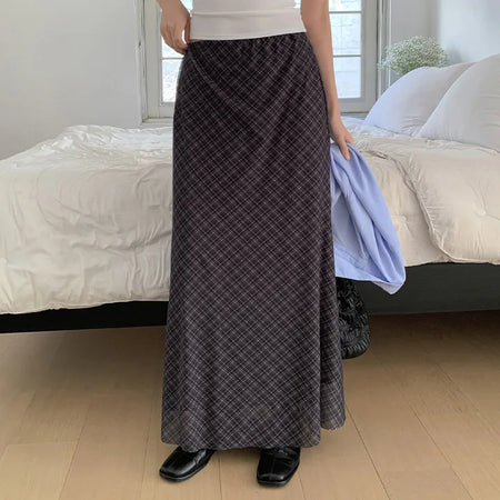 Noher Chiffon Check Flare Elastic Long Skirt
