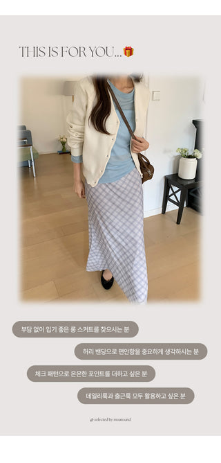 Noher Chiffon Check Flare Elastic Long Skirt