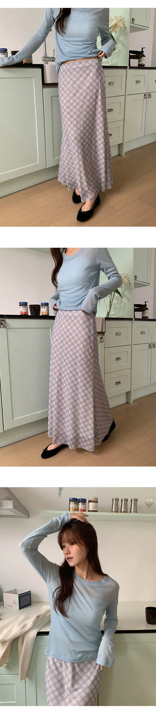 Noher Chiffon Check Flare Elastic Long Skirt