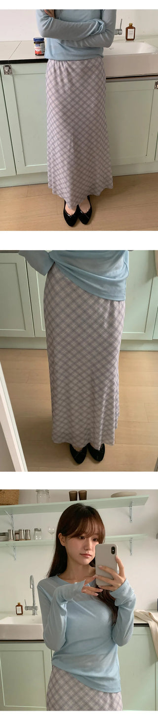 Noher Chiffon Check Flare Elastic Long Skirt