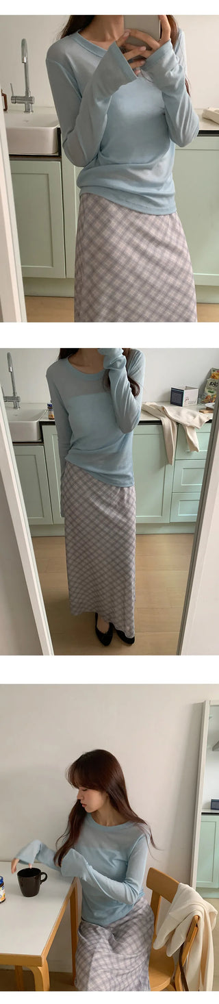 Noher Chiffon Check Flare Elastic Long Skirt