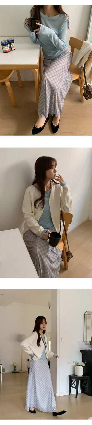Noher Chiffon Check Flare Elastic Long Skirt