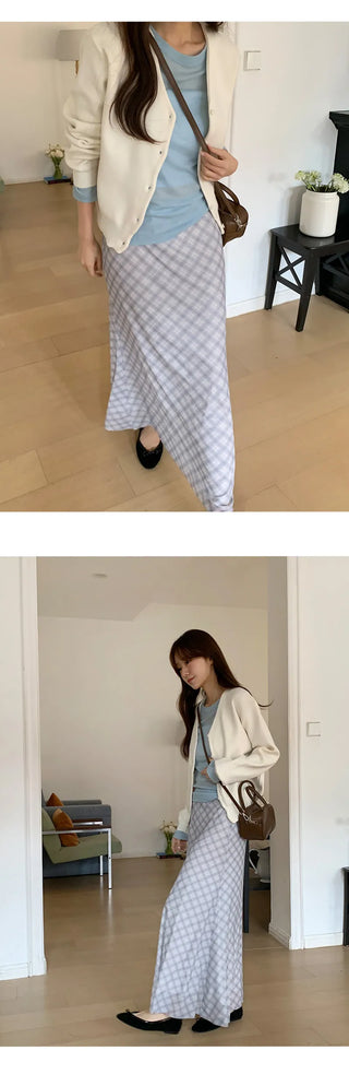 Noher Chiffon Check Flare Elastic Long Skirt