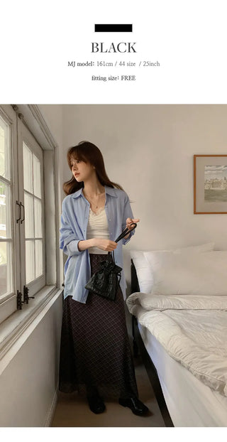 Noher Chiffon Check Flare Elastic Long Skirt