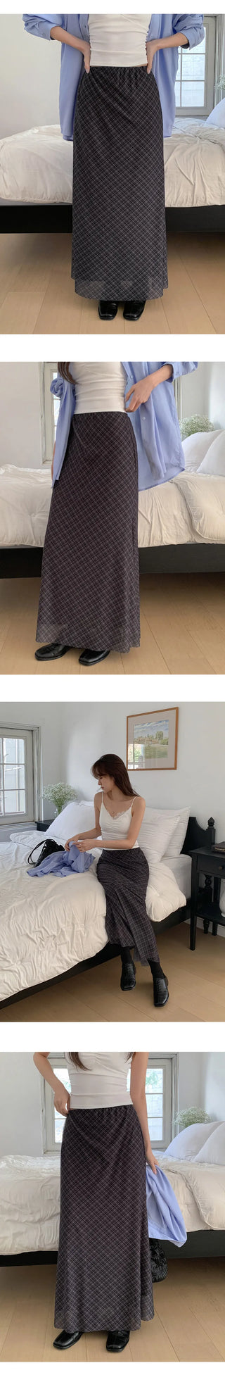 Noher Chiffon Check Flare Elastic Long Skirt
