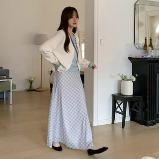 Noher Chiffon Check Flare Elastic Long Skirt