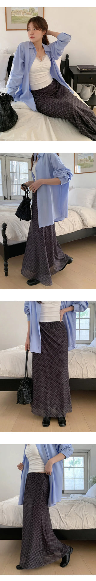 Noher Chiffon Check Flare Elastic Long Skirt