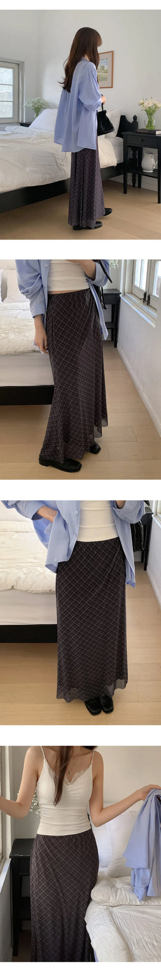 Noher Chiffon Check Flare Elastic Long Skirt