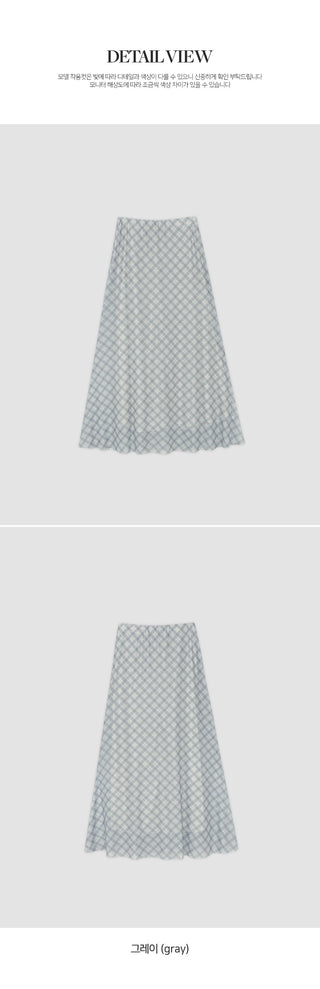 Noher Chiffon Check Flare Elastic Long Skirt