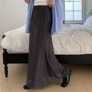 Noher Chiffon Check Flare Elastic Long Skirt