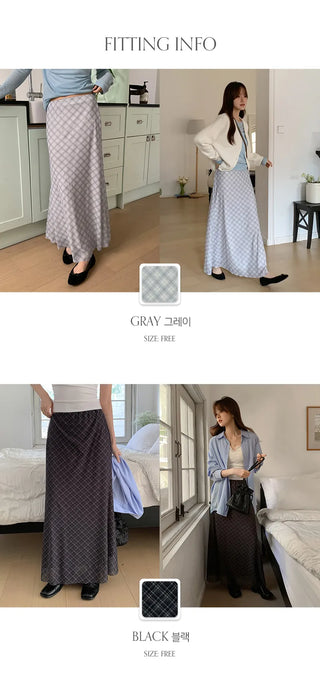 Noher Chiffon Check Flare Elastic Long Skirt