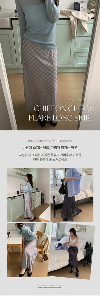 Noher Chiffon Check Flare Elastic Long Skirt