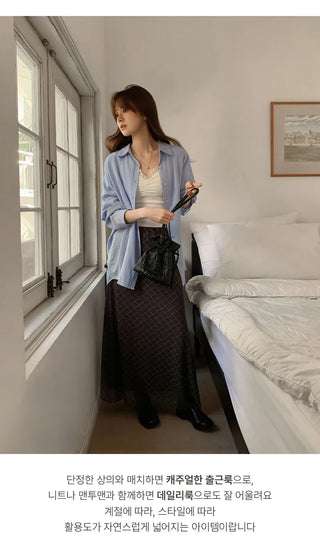 Noher Chiffon Check Flare Elastic Long Skirt