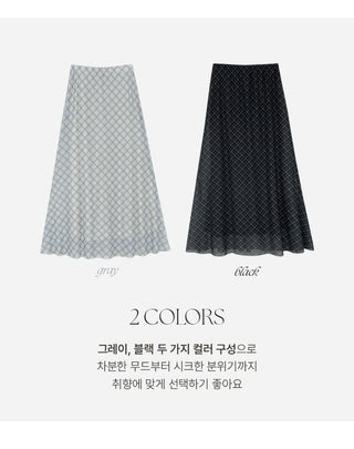 Noher Chiffon Check Flare Elastic Long Skirt