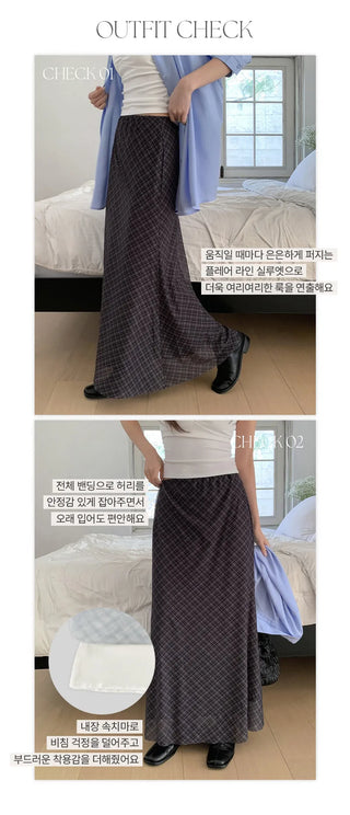 Noher Chiffon Check Flare Elastic Long Skirt