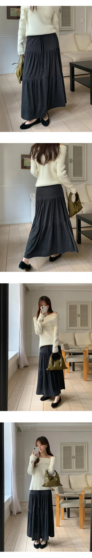 Pierde Banding String Tiered Flare Long Skirt