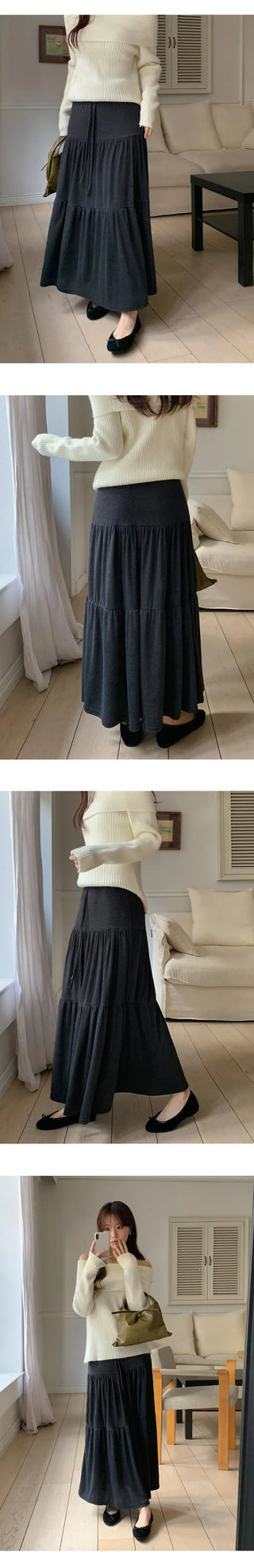 Pierde Banding String Tiered Flare Long Skirt