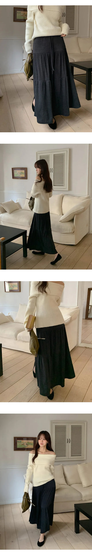 Pierde Banding String Tiered Flare Long Skirt