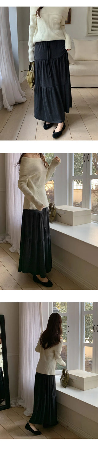 Pierde Banding String Tiered Flare Long Skirt