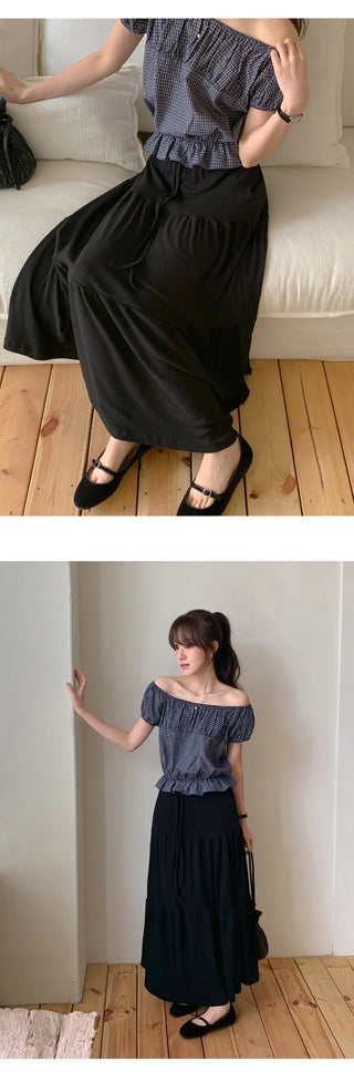Pierde Banding String Tiered Flare Long Skirt