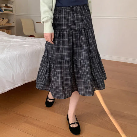 Luonti Elastic Check Tiered Flare Midi Skirt