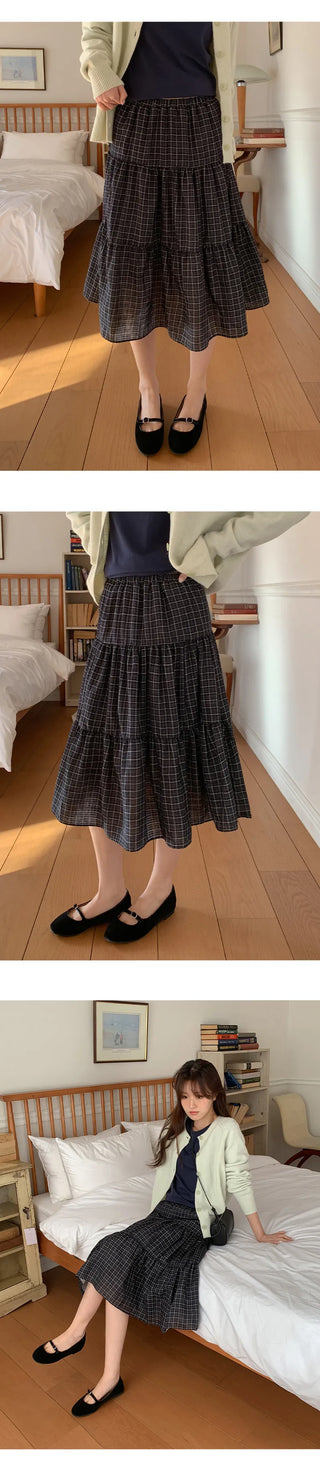 Luonti Elastic Check Tiered Flare Midi Skirt