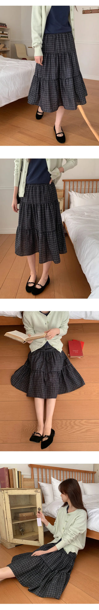 Luonti Elastic Check Tiered Flare Midi Skirt