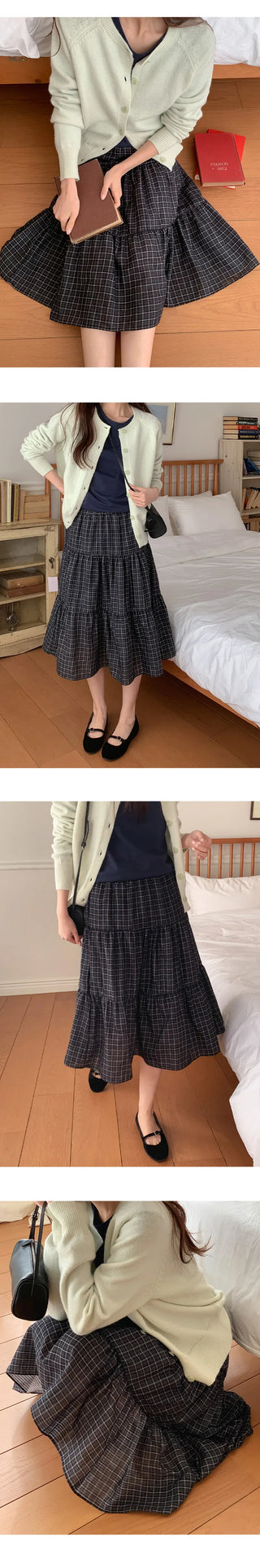 Luonti Elastic Check Tiered Flare Midi Skirt